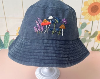 Custom Hand Embroidery Floral And Mushroom Bucket Hat, Daisy Bucket, Wash Cotton Hat, Handmade Summer Hat, Hat For Women, Custom Bucket