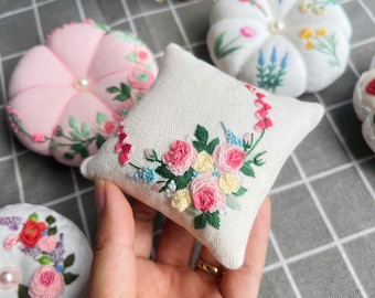 Flower Hand Embroidered Pin Cushion, Round Pumpkin Pincushion, Sewing Accessory, Gift for Mom, Gift for Her, Pin Keeper