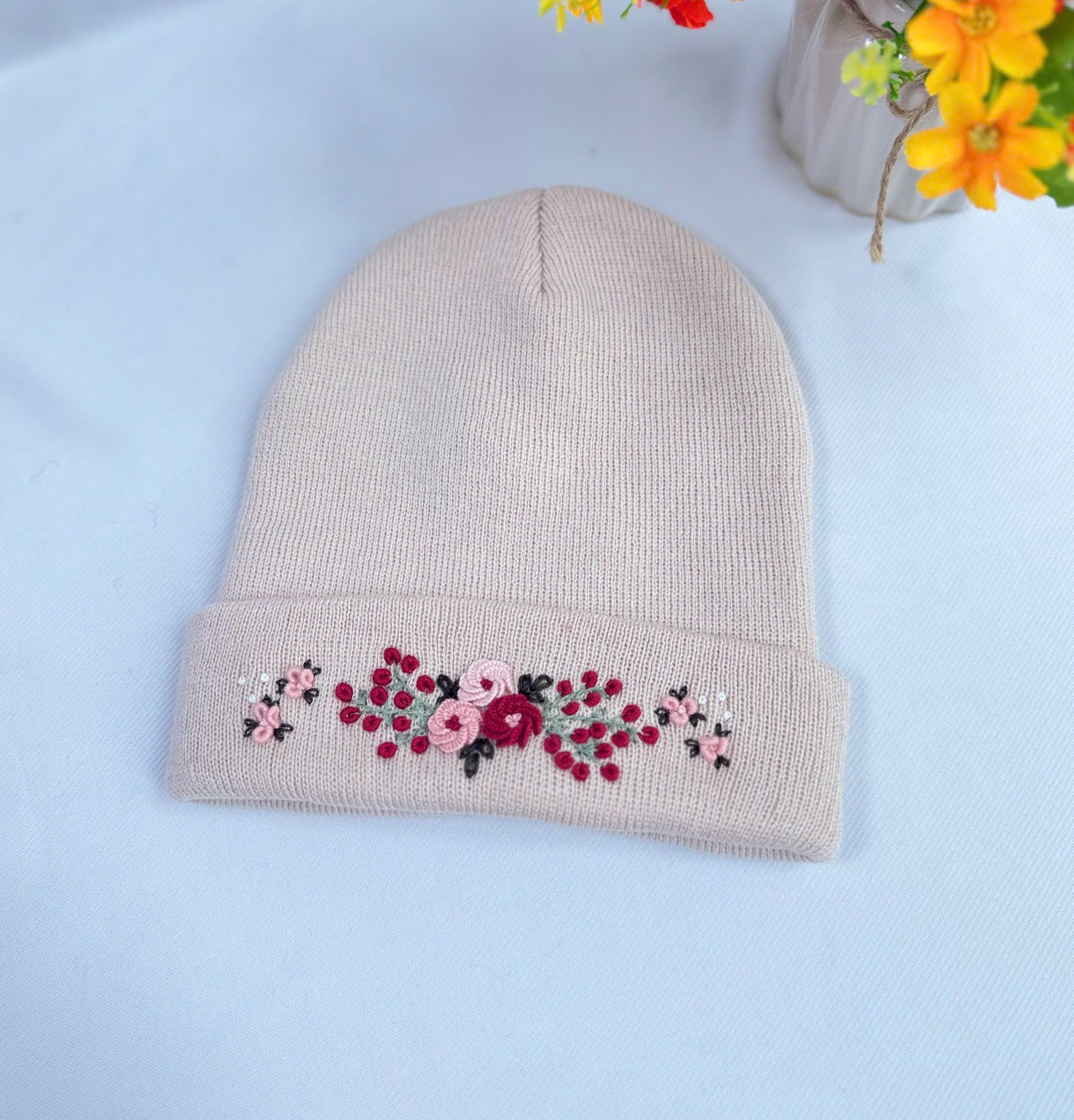 Hand Embroidered Beanie, Roses Embroidered Beanie, Flower Beanie