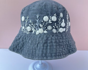 Custom Hand Embroidery Floral Bucket Hat, Rose Bucket, Wash Cotton Hat, Handmade Summer Hat, Hat For Women, Custom Bucket