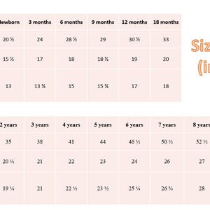 May include: A size chart in inches for children's clothing, with age ranges from newborn to 8 years. Measurements include child height, chest, and dress length, displayed in a grid format.