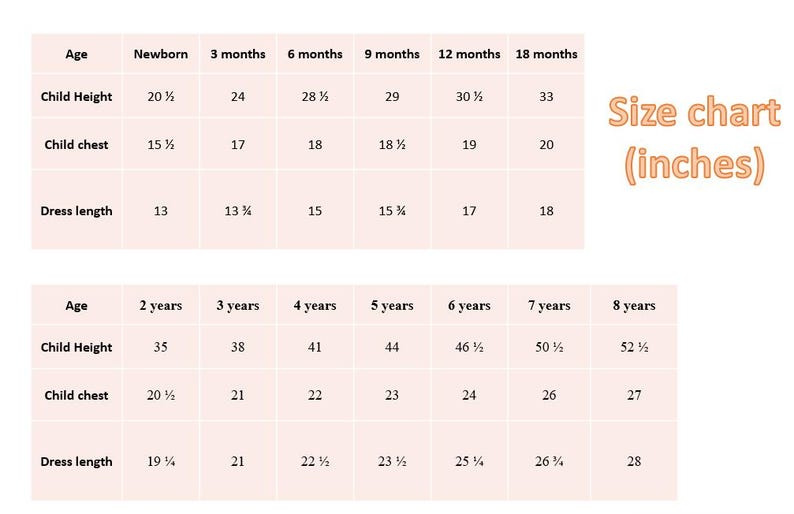 May include: A size chart in inches for children's clothing, with age ranges from newborn to 8 years. Measurements include child height, chest, and dress length, displayed in a grid format.