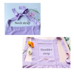 May include: A light purple apron featuring two distinct strap styles. The top section shows a tie-style neck strap, while the bottom section displays wide shoulder straps with the embroidered text "Mom" and a gathered skirt detail.