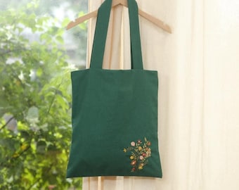 Floral Embroidered Tote Bag With Zipper And Pocket, Wild Flower Tote Bag, Hand Embroidered Tote, Personalised Bag, Shopping Bag