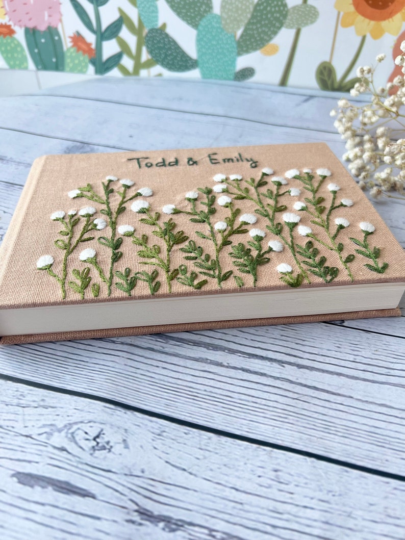 Custom Hand Embroidered Notebook, Wedding Guest Book, Baby Shower Notebook, Memory Book, Fabric Notebook, Personalized Landscape Notebook zdjęcie 2