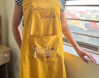 Personalized Hand Embroidered Apron For Women, Custom embroidered Apron, Linen Cotton Apron, Flower Embroidery Linen Apron, Custom Apron