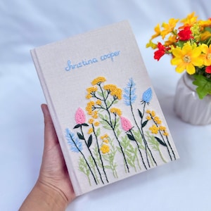 Hand Embroidered Journal Notebook A6 A5, Wild Flower Notebook, Fabric Hard cover,Daisy Journal,Handmade Notebook,Custom Personalized Journal