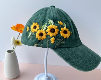 Sunflower Hand Embroidered Baseball Cap, Wash Cotton Hat, Handmade Embroidered Denim Cap, Hat For Women, Summer Hat, Flower Hat