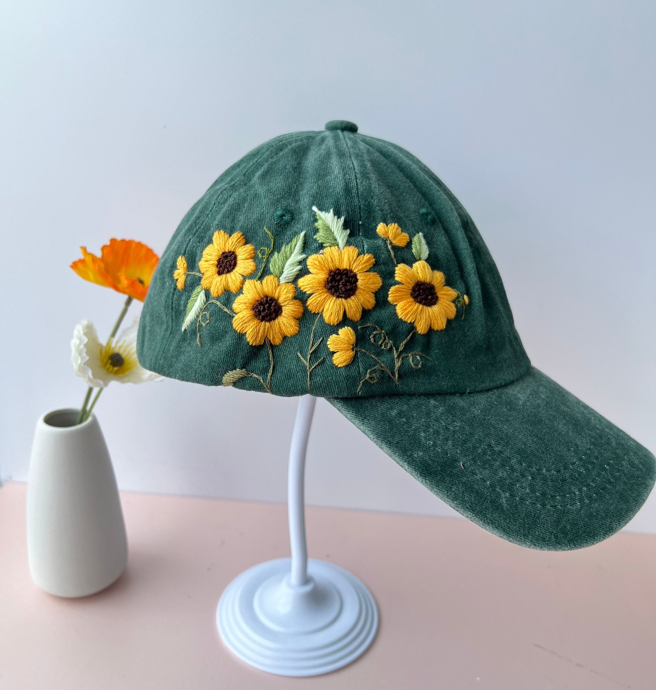 Sunflower Hand Embroidered Baseball Cap