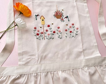 Hand Embroidered Apron Women With Flower & Bird Nest, Floral Embroidered Apron,Linen Apron, Gardening Apron,Kitchen Apron,Personalized Apron