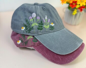 Custom Floral Baseball Cap, Daisy Hand Embroidered Baseball Cap, Wash Cotton Hat, Embroidered Denim Cap, Hat For Women, Summer Hat, Daiy Hat