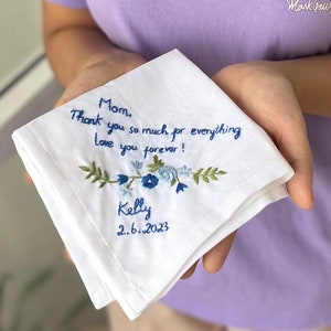 Handgeborduurde zakdoeken, gepersonaliseerde linnen bruiloft zakdoek, iets blauwe zakdoek, handgeschreven zakdoek, huwelijkscadeau