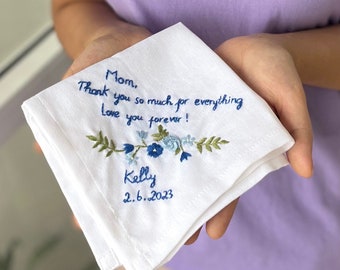 Pañuelos bordados a mano, pañuelo de boda de lino personalizado, pañuelo algo azul, pañuelo escrito a mano, regalo de boda