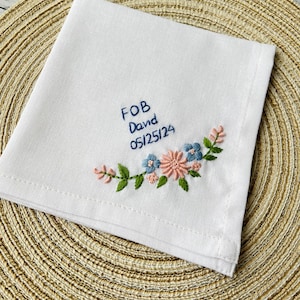Something Blue Embroidered Handkerchiefs,  For Happy Tears, Personalized Linen Wedding Handkerchief, Handwritten Handkerchief, Wedding Gift