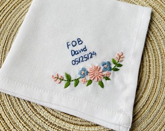 Something Blue Embroidered Handkerchiefs,  For Happy Tears, Personalized Linen Wedding Handkerchief, Handwritten Handkerchief, Wedding Gift