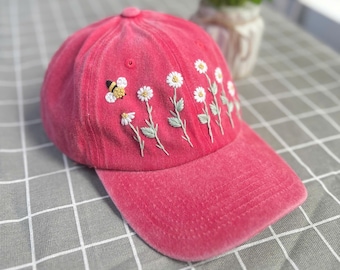 Custom Floral Baseball Cap, Daisy Hand Embroidered Baseball Cap, Wash Cotton Hat, Embroidered Denim Cap, Hat For Women, Summer Hat, Daiy Hat