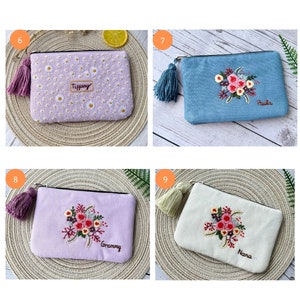 Personalized Hand Embroidered Flower Pouch, Rose Linen Wallet, Handmade Makeup Bag, Bridesmaid Gift, Linen Coin Purse, Rose Embroidery Bag image 6