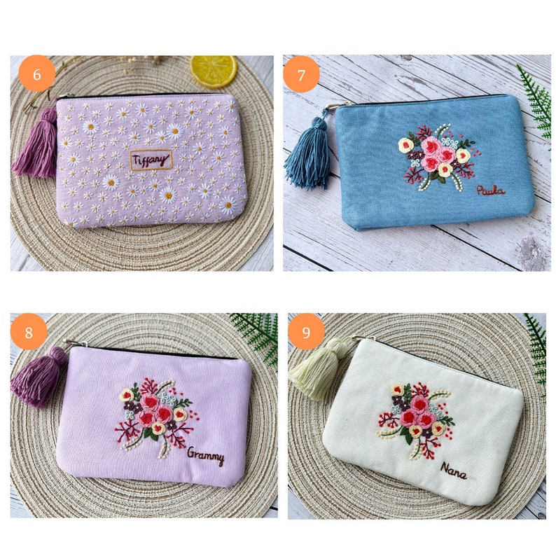 Personalized Hand Embroidered Flower Pouch, Rose Linen Wallet, Handmade Makeup Bag, Bridesmaid Gift, Linen Coin Purse, Rose Embroidery Bag imagem 6