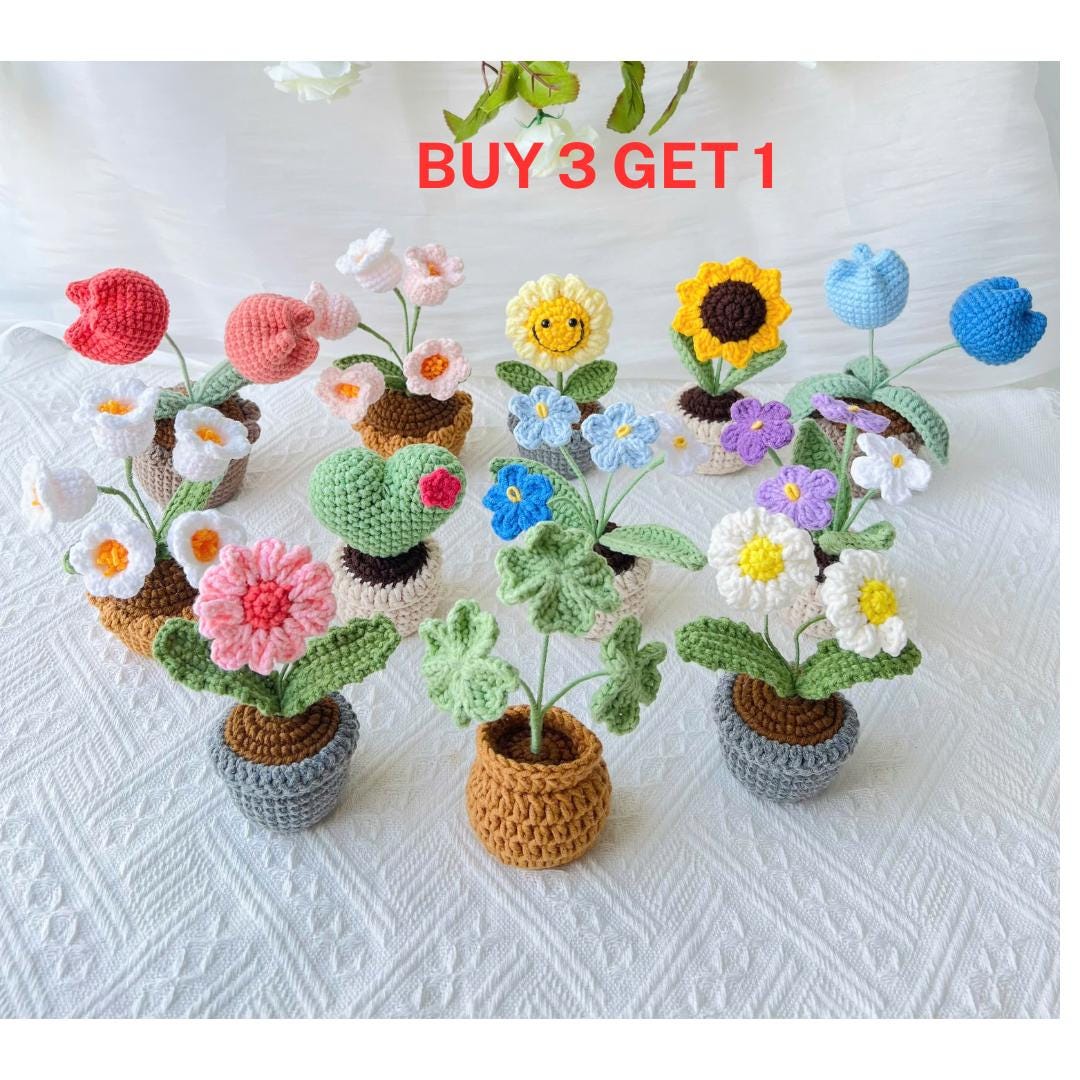 ミニ手作り植木鉢、3つ買うと1つ無料、鉢の中のかぎ針編みの花、かぎ針