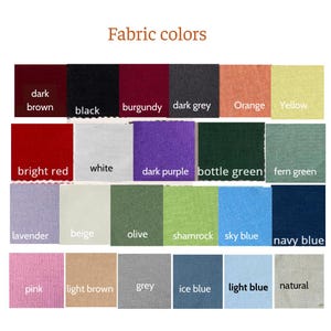 Pode incluir: Uma tabela de cores intitulada Fabric colors exibindo vinte e tr&ecirc;s amostras de tecido rotuladas com seus respectivos nomes: dark brown, black, burgundy, dark grey, orange, yellow, bright red, white, dark purple, bottle green, fern green, lavender, beige, olive, shamrock, sky blue, navy blue, pink, light brown, grey, ice blue, light blue e natural.