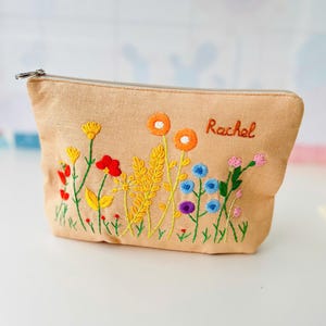 Personalized Hand Embroidered Cosmetic Bag, Flower Pouch, Linen Bag, Handmade Makeup Bag, Bridesmaid Gift,Linen Coin Purse,Embroidery Bag