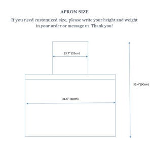 May include: A diagram of an apron with dimensions. The top section is 13.7 inches wide, the main body is 31.5 inches wide, and the total height is 35.4 inches. Text reads: APRON SIZE. If you need customized size, please write your height and weight.