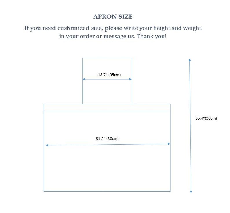 May include: A diagram of an apron with dimensions. The top section is 13.7 inches wide, the main body is 31.5 inches wide, and the total height is 35.4 inches. Text reads: APRON SIZE. If you need customized size, please write your height and weight.