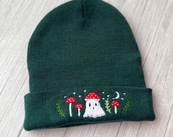 Hand Embroidered Mushroom Beanie - Halloween Ghost Mushroom Beanie, Mushroom And Moon Hat, Boho Beanie, Winter Hat, Magic Mushroom Beanie.