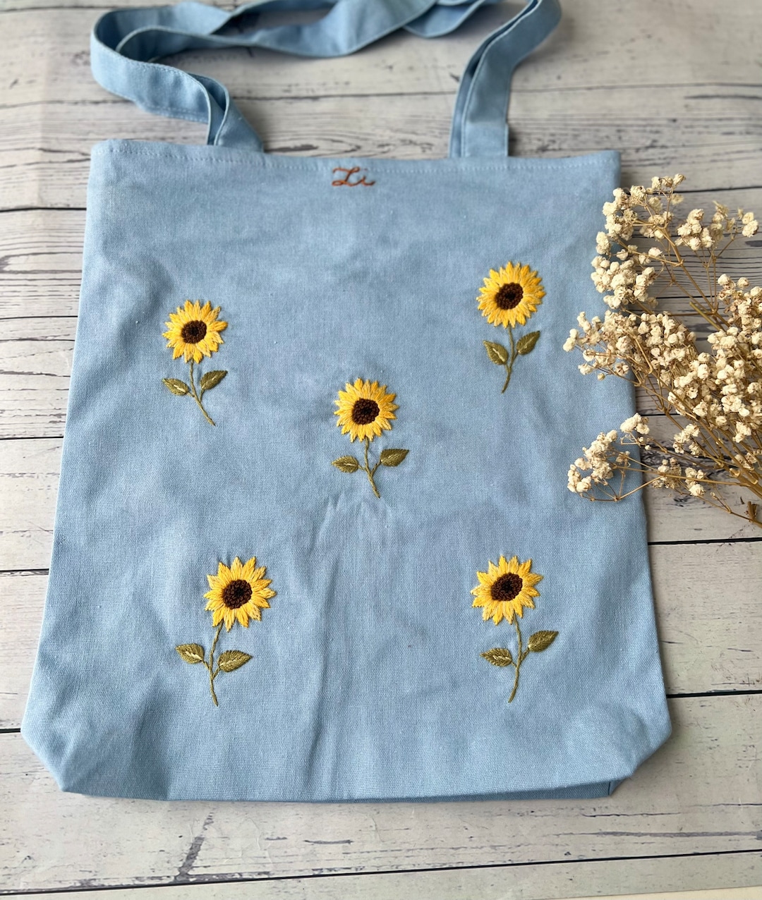 Sunflower Embroidered Cotton Canvas Tote Bag – Open Top Everyday Carry(BD-06) main image 1