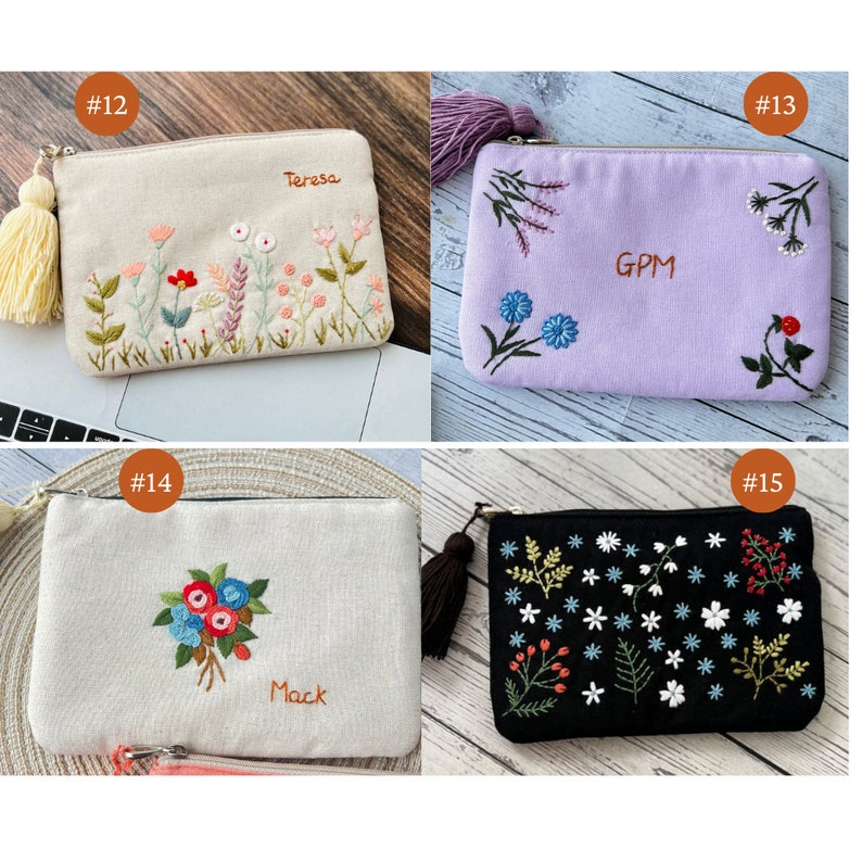 Personalized Hand Embroidered Flower Pouch, Rose Linen Wallet, Handmade Makeup Bag, Bridesmaid Gift, Linen Coin Purse, Rose Embroidery Bag image 8