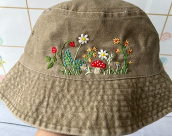 Custom Hand Embroidery Floral And Mushroom Bucket Hat, Daisy Bucket, Wash Cotton Hat, Handmade Summer Hat, Hat For Women, Custom Bucket