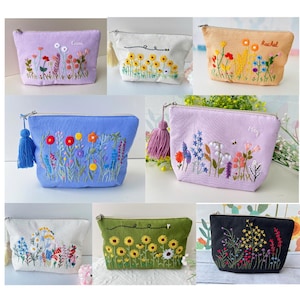 Personalisierte Hand bestickte Kosmetiktasche, Blumen Beutel, Leinen Tasche, handgemachte Make-up Tasche, Brautjungfer Geschenk, Leinen Geldbörse, Stickerei Tasche