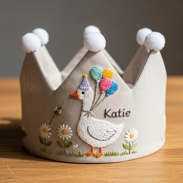 Custom Hand Embroidered Linen Crown With Cute Goose, Baby Birthday Crown, Kids Crow, Personalized Gift, First Birthday Gift, Name Crown