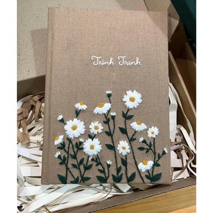 Hand Embroidered Journal Notebook A6 A5, Photo Album, Fabric Hard cover Notebook,Daisy Journal,Handmade Notebook,Custom Personalized Journal