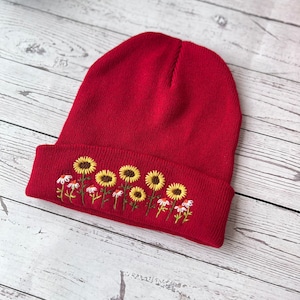 Hand Embroidered Beanie, Daisy Beanie, Mushroom Beanie, Wild Flower And Bee Beanie, Boho Beanie, Winter Hat, Christmas Gift, Birthday Gift