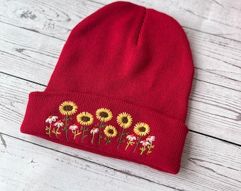 Hand Embroidered Beanie, Daisy Beanie, Mushroom Beanie, Wild Flower And Bee Beanie, Boho Beanie, Winter Hat, Christmas Gift, Birthday Gift
