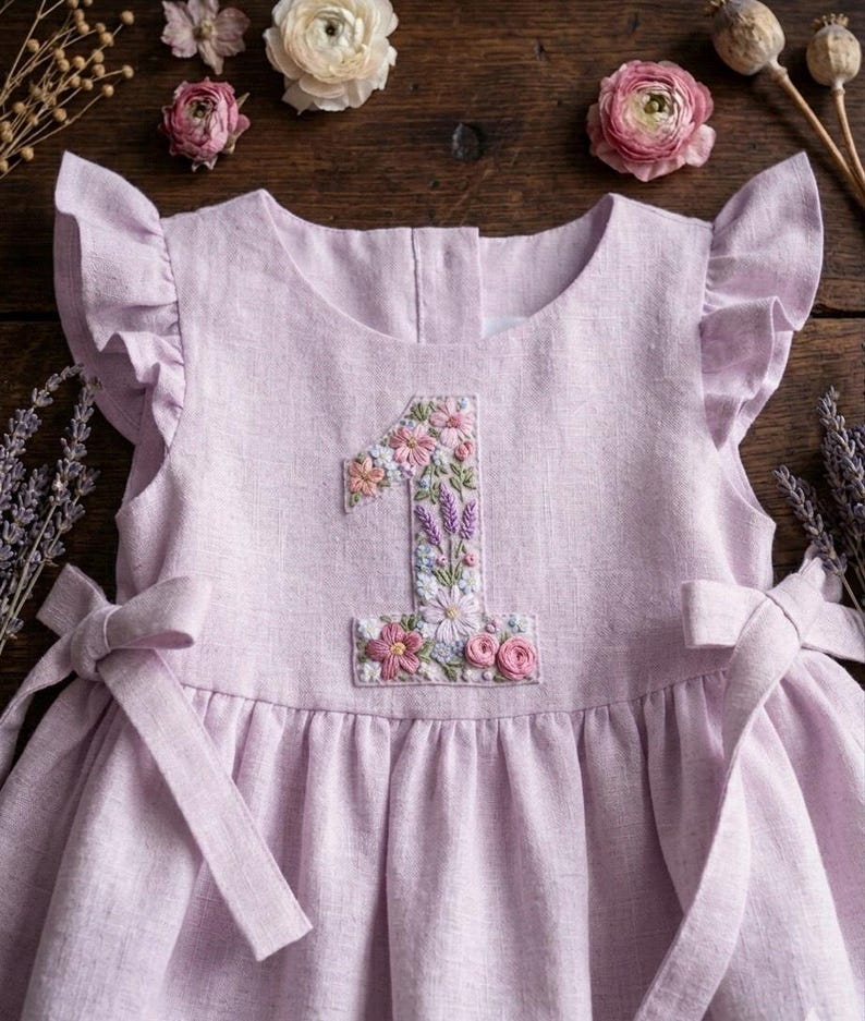May include: A light purple linen dress with a floral embroidered number 1 on the front. The dress features ruffled sleeves, a gathered skirt, and bow ties at the waist. The dress is designed for a baby's first birthday.