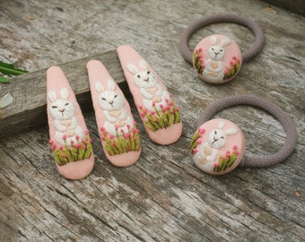 Rabbit Embroidered Hair Clip And Hair Tie, Hand Embroidery, Pink Hair Pin, Cute Hair Clip, Elastic Hair tie, Flower Hair Pin, Hair Clip Baby