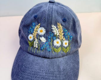 Custom Floral Hand Embroidered Baseball Cap, Daisy Embroidered Hat,Wash Cotton Hat,Personalized Embroidered Cap,Women Hat,Summer Hat