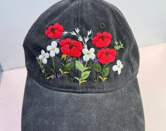 Poppy Flowers Hand Embroidered Baseball Cap, Wash Cotton Hat, Handmade Embroidered Denim Cap, Hat For Women, Summer Hat, Flower Hat