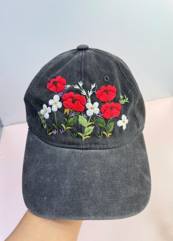 Poppy Flowers Hand Embroidered Baseball Cap, Wash Cotton Hat  display picture 1