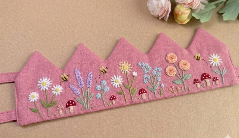 Custom Hand Embroidered Linen Crown, Baby Birthday Crown, Kids Crow, Personalized Gift, First Birthday Gift, Flower And Name Crowns image 16