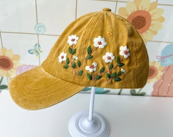 Custom Floral Baseball Cap, Daisy Hand Embroidered Baseball Cap, Wash Cotton Hat, Embroidered Denim Cap, Hat For Women, Summer Hat, Daiy Hat