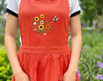 ひまわりガーデン刺繍エプロン、パーソナライズされた手刺繍エプロン