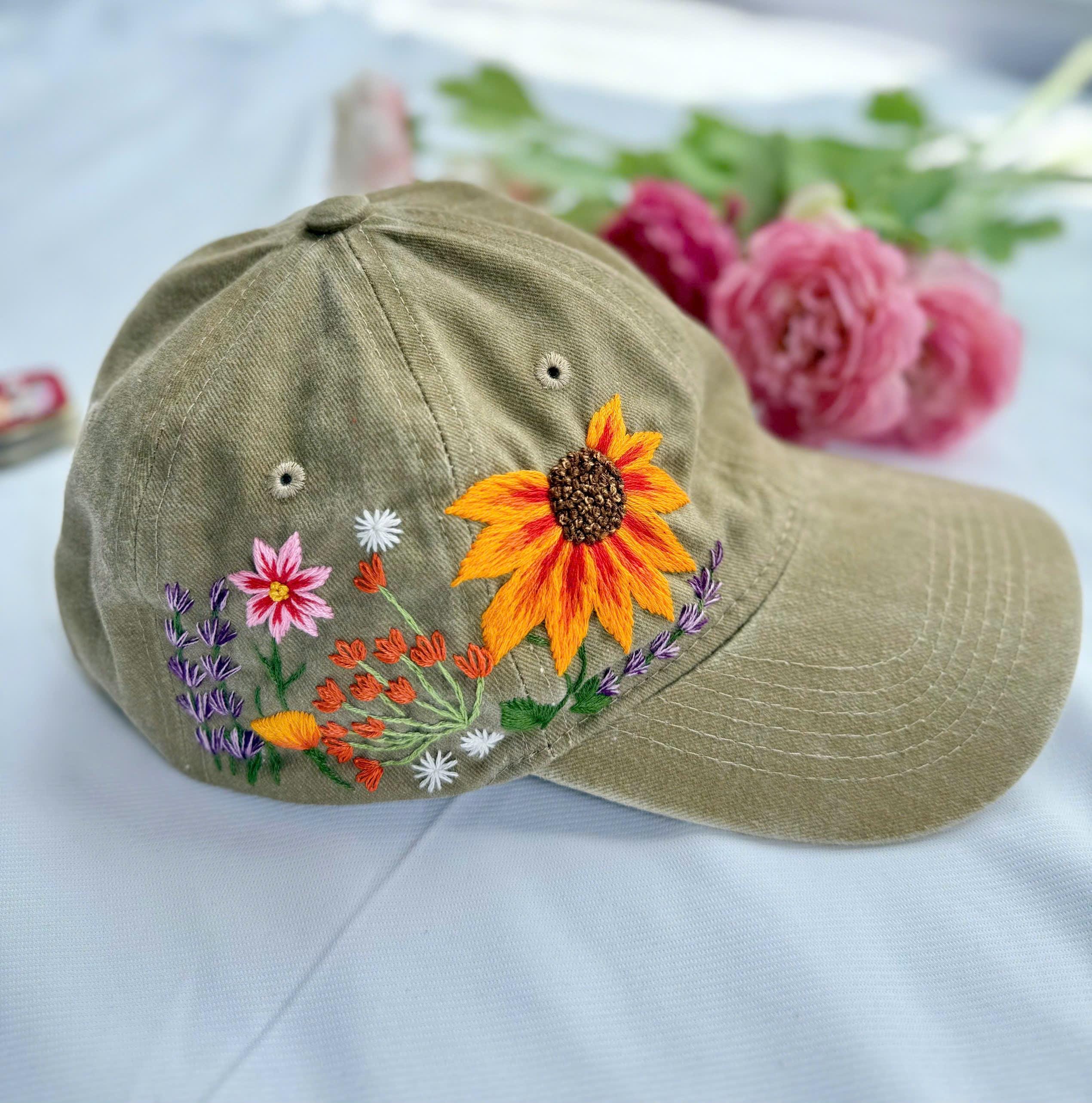 カスタムハンド刺繍の花柄帽子、オレンジ色の花の刺繍入りキャップ