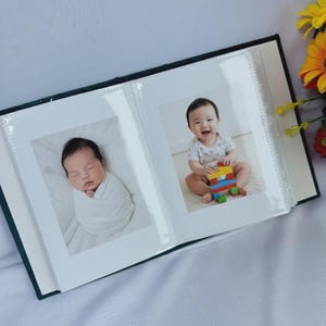 Puede incluir: &Aacute;lbum de fotos abierto con dos fotos de beb&eacute;. Una muestra a un reci&eacute;n nacido durmiendo envuelto en una manta blanca. La otra muestra a un beb&eacute; sonriente jugando con bloques de colores. El &aacute;lbum tiene una cubierta verde oscuro.