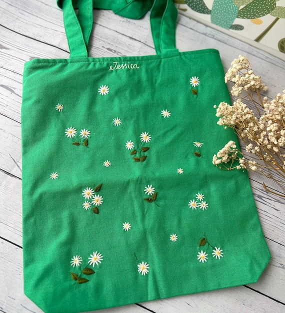 デイジー刺繍入りリネントートバッグ（ファスナー付き）、ワイルド 