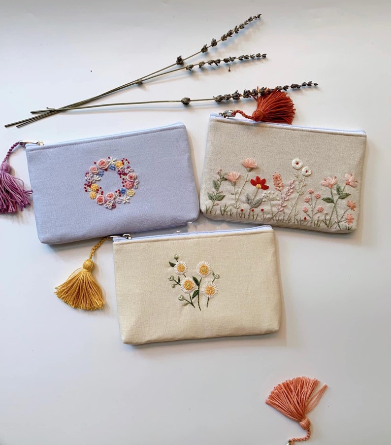 Personalized Hand Embroidered Flower Pouch, Rose Linen Wallet, Handmade Makeup Bag, Bridesmaid Gift, Linen Coin Purse, Rose Embroidery Bag image 1