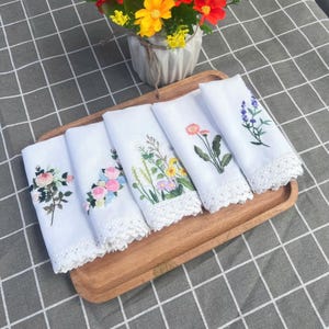 Custom Hand Embroidered Handkerchiefs, Personalized Linen Embroidered Handkerchief With Lace Edge, Wild Flower Handkerchief, Wedding Gift