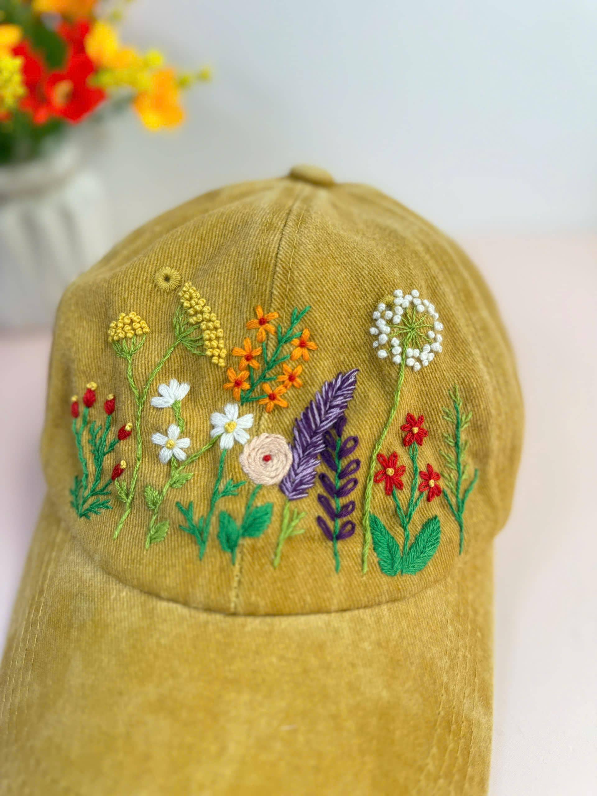 カスタムフラワーハンド刺繍帽子、デイジー刺繍野球帽、ウォッシュ